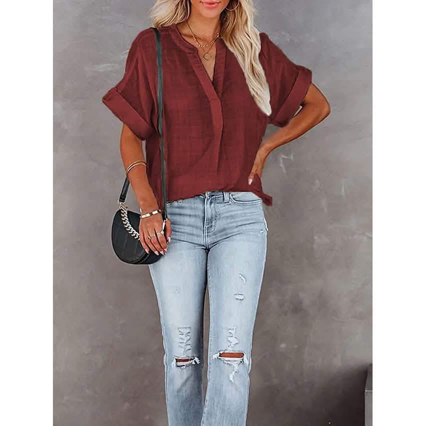 Women's V-Neck Loose Shirt Short Sleeve Top Women's Tops Wine S - DailySale
