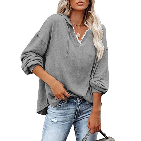 Women's V-neck Pullover Hoodie Sweater Women's Tops Light Gray S - DailySale