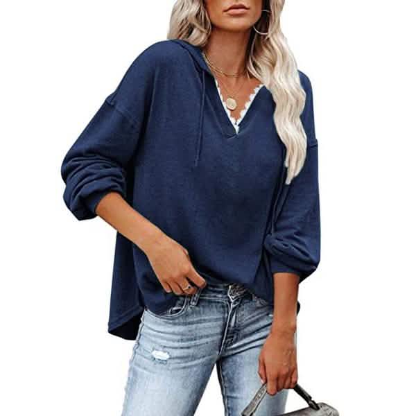 Women's V-neck Pullover Hoodie Sweater Women's Tops Navy Blue S - DailySale