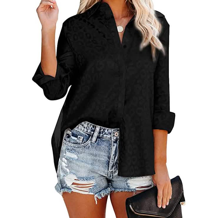 Women's V Neck Satin Embossed Roll Up Cuff Button Shirt Top Women's Tops Black S - DailySale