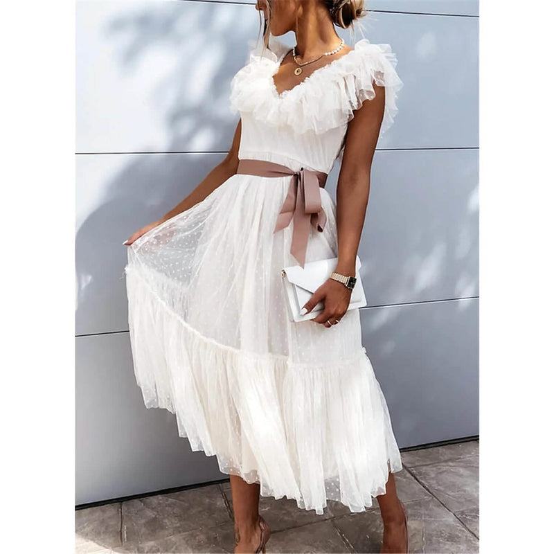 Women's V-Neck Solid Pleated Dress Women's Dresses White S - DailySale
