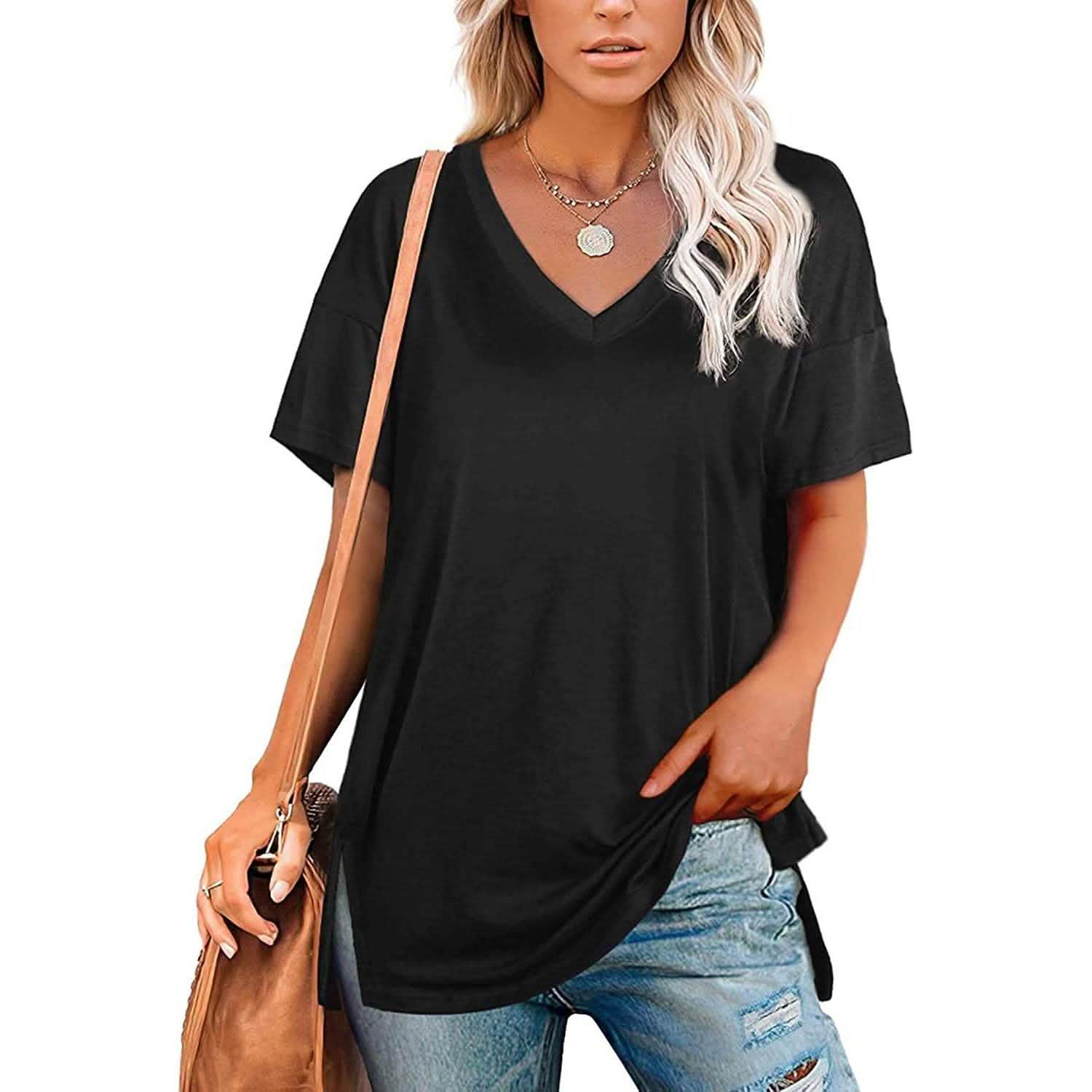 Women's V Neck T Shirts Basic Short Sleeve Tees Tops Women's Clothing Black S - DailySale