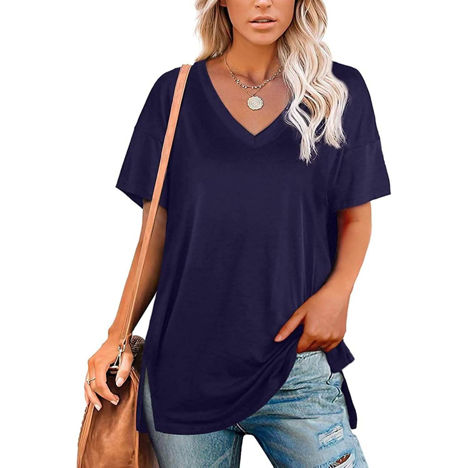 Women's V Neck T Shirts Basic Short Sleeve Tees Tops Women's Clothing Blue S - DailySale