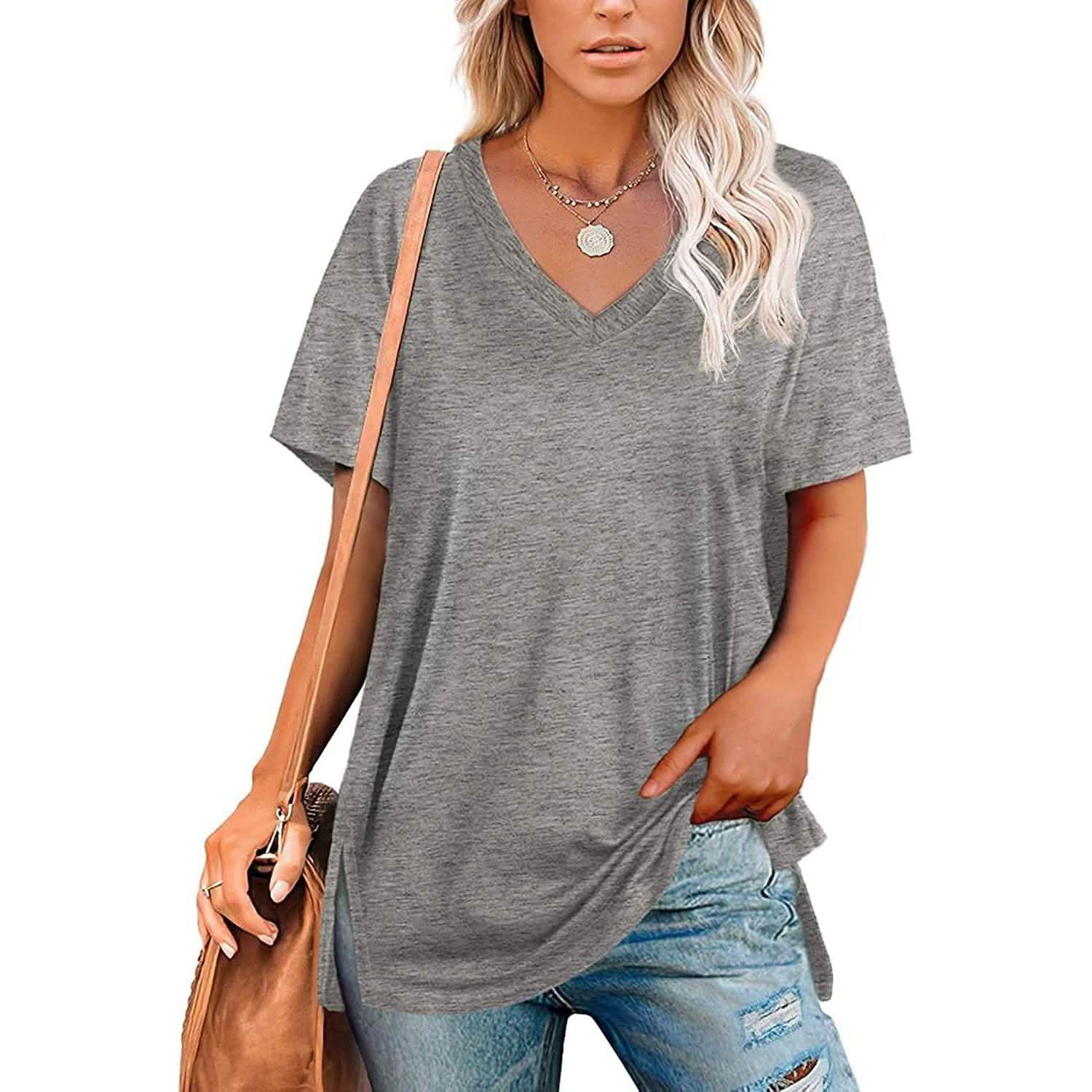 Women's V Neck T Shirts Basic Short Sleeve Tees Tops Women's Clothing Gray S - DailySale