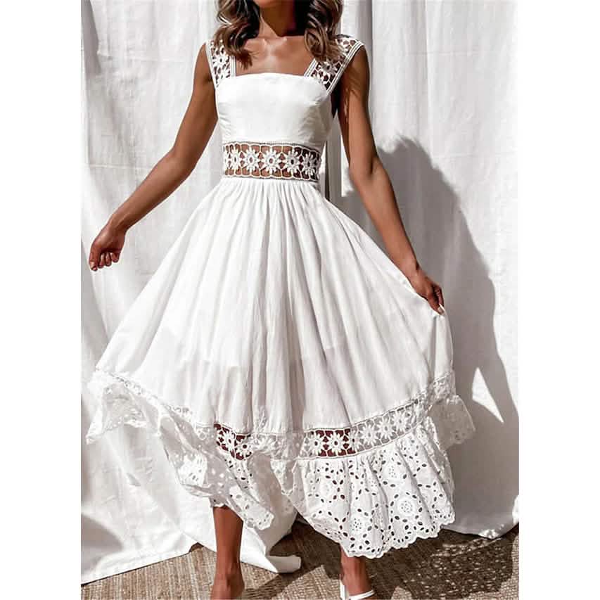 Women's White Sleeveless Solid Lace Panel Dress Women's Dresses - DailySale