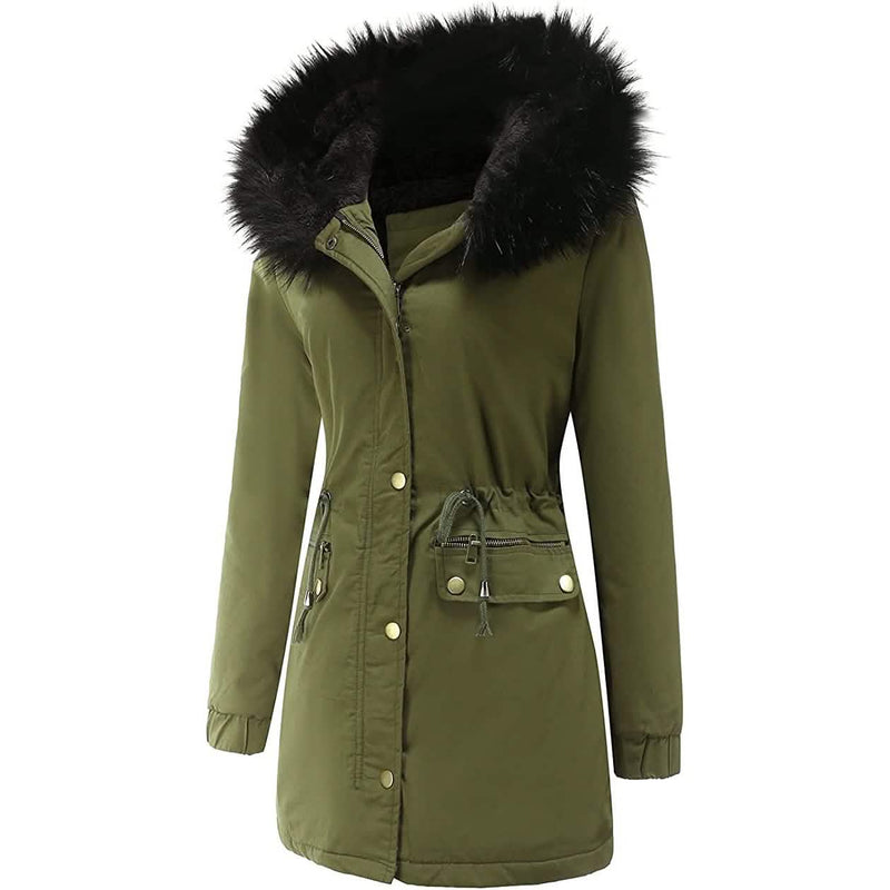 Women's Winter Coat Warm Thick Black Fleece Lined Wide Furry Hood Parka Women's Outerwear - DailySale