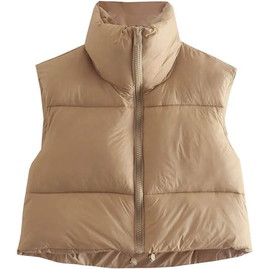 Women's Winter Crop Vest Lightweight Sleeveless Warm Outerwear Puffer Vest Padded Gilet Women's Outerwear Khaki S - DailySale