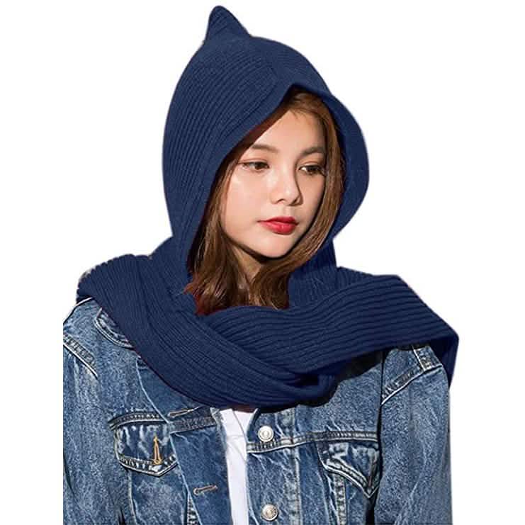 Women's Winter Knitted Hooded Long Scarf Women's Shoes & Accessories Dark Blue - DailySale