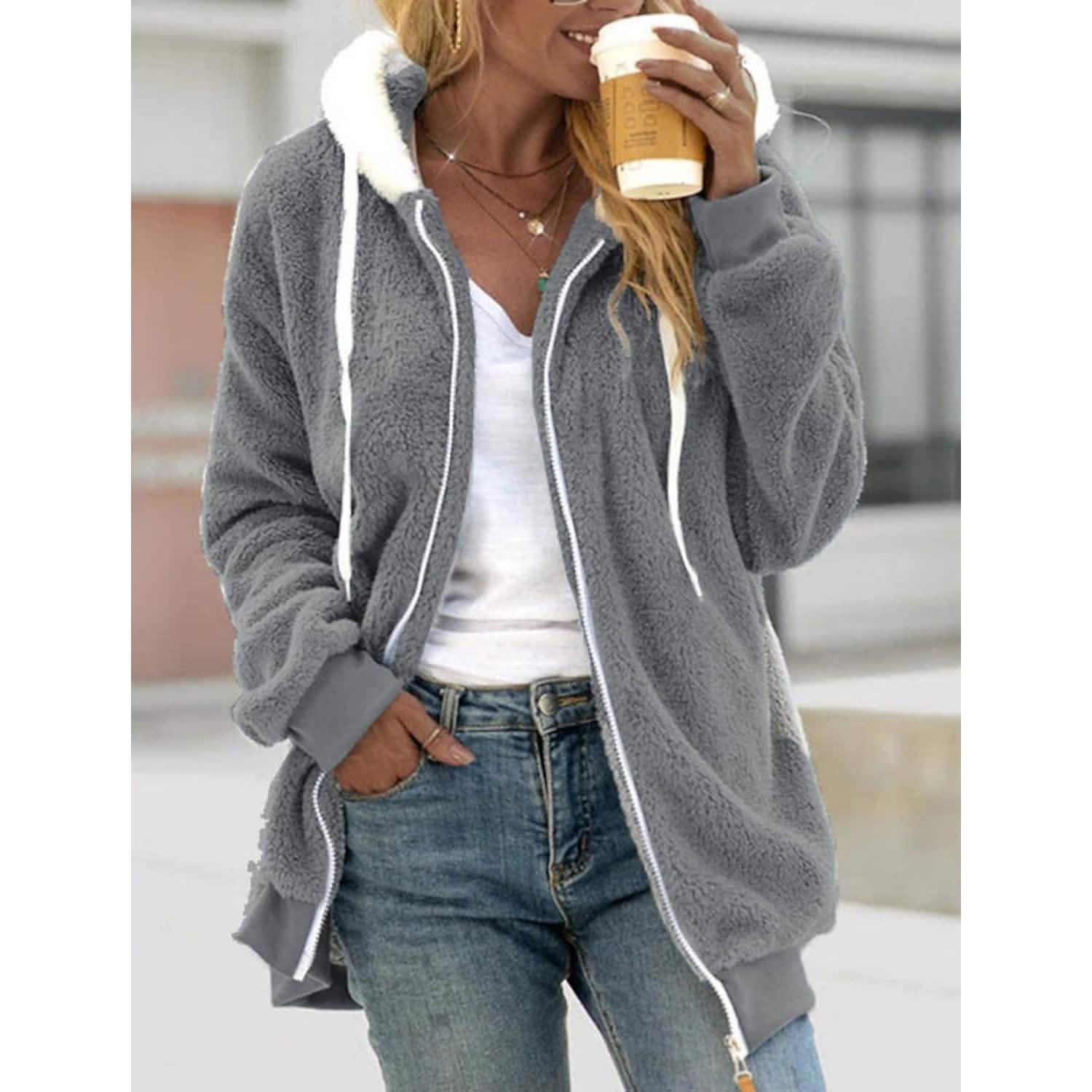 Women's Zip Fleece Hoodie Sweatshirt Women's Outerwear Gray S - DailySale