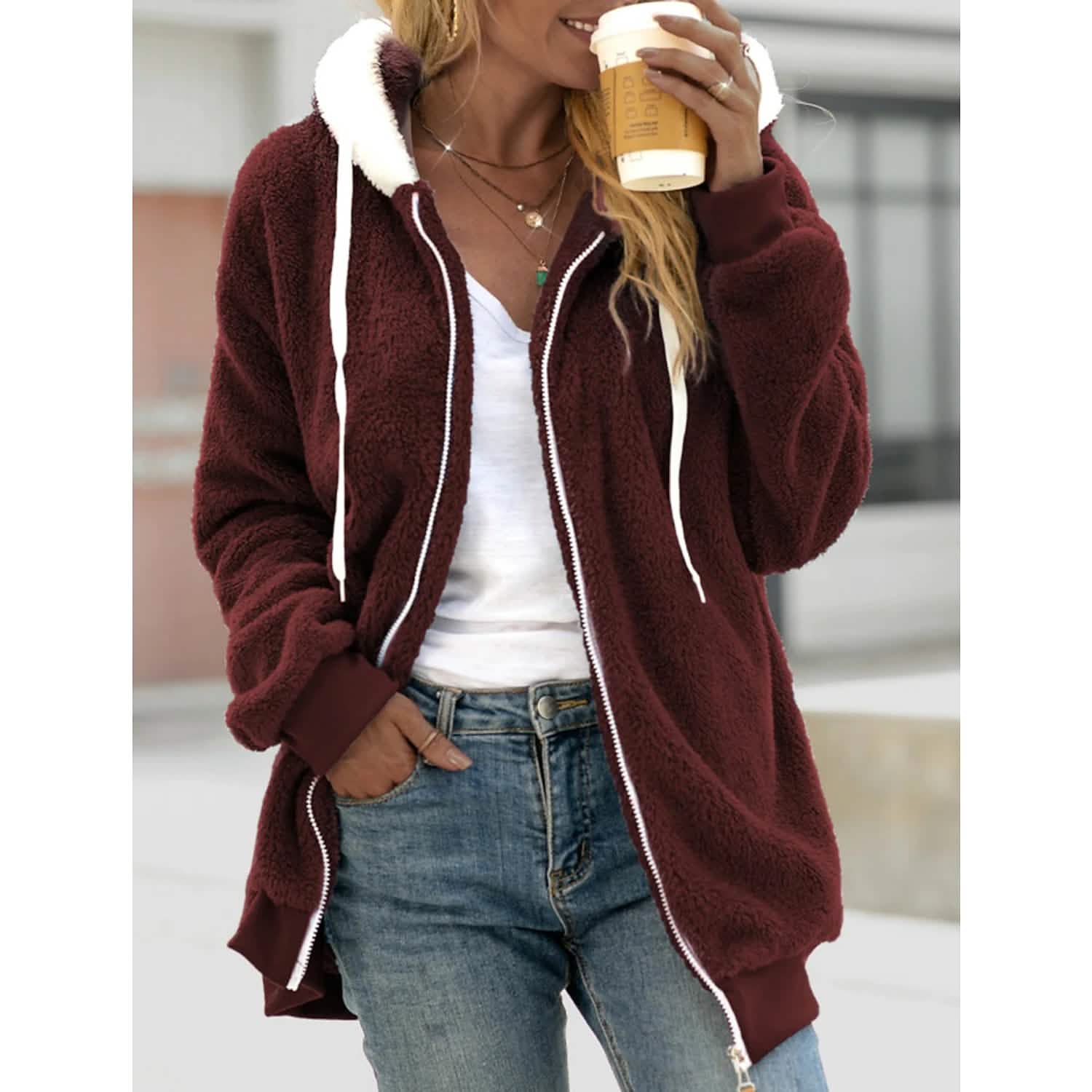 Women's Zip Fleece Hoodie Sweatshirt Women's Outerwear Red S - DailySale