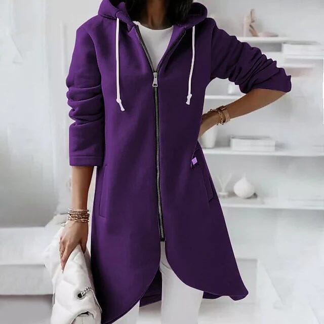 Woman standing with a hand on her hip waring Women's Zip Hoodie Sweatshirt Pullover Sherpa Fleece Pocket Zip Up in purple