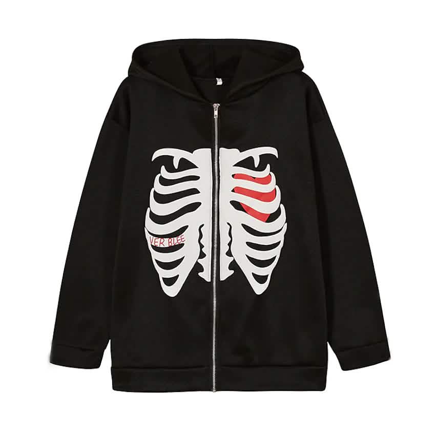 Women's Zip Up Skeleton Letter Hoodie Sweatshirt Women's Outerwear Black S - DailySale
