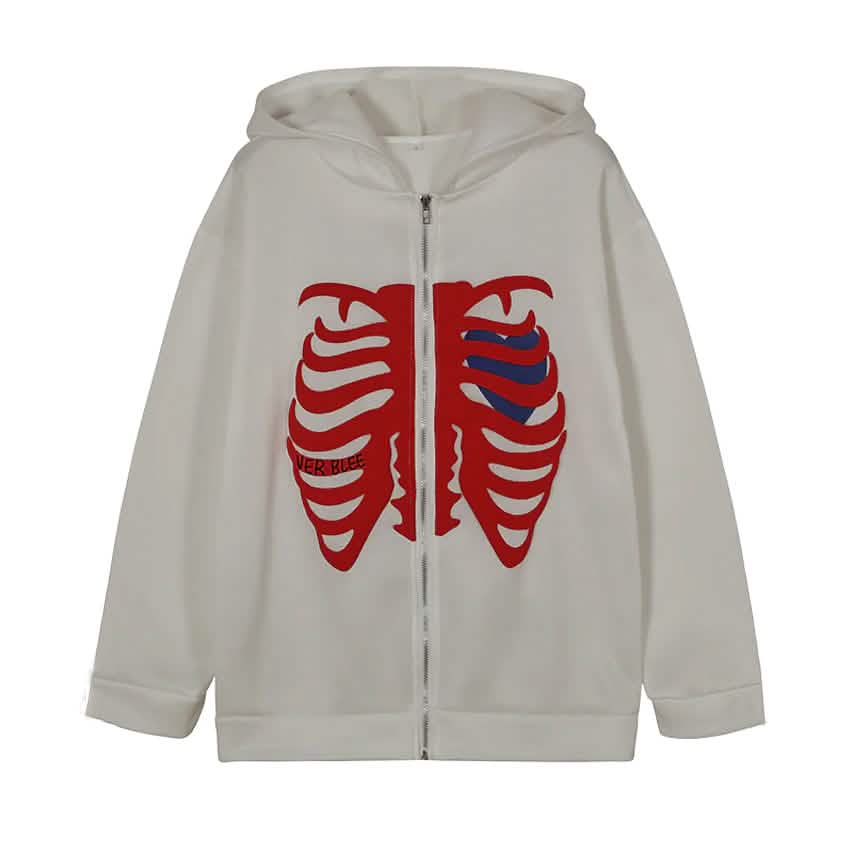 Women's Zip Up Skeleton Letter Hoodie Sweatshirt Women's Outerwear White S - DailySale