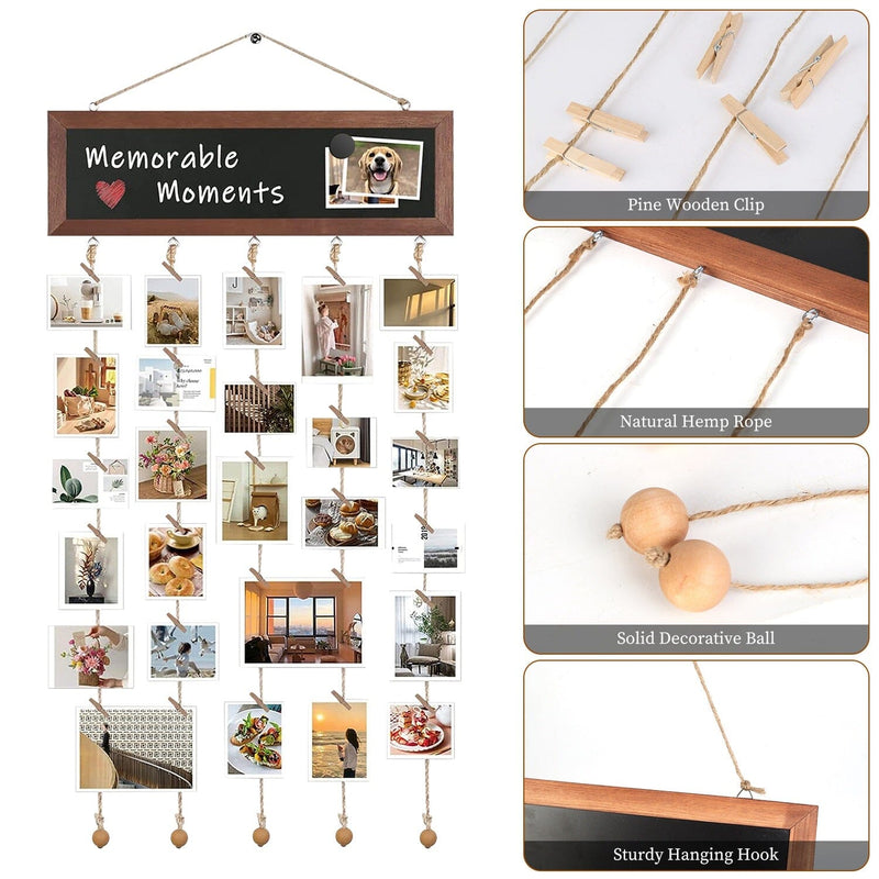 Wooden Hanging Picture Frame Display String Ropes with 30 Clips Writable Blackboard Furniture & Decor - DailySale