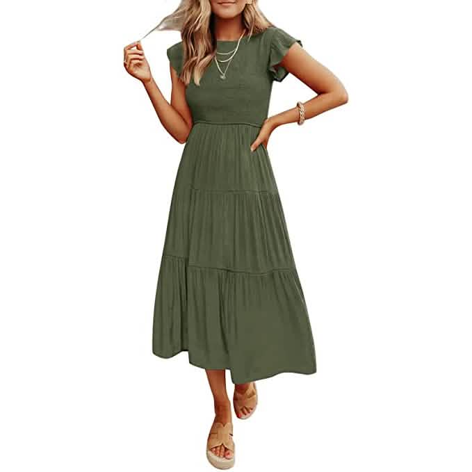 ZESICA Women's Summer Flutter Short Sleeve Smocked Midi Dress Women's Dresses - DailySale