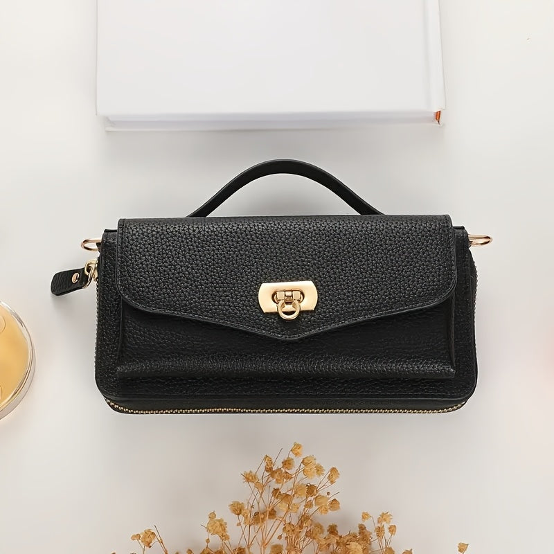 Black RFID phone wallet crossbody with turn-lock flap