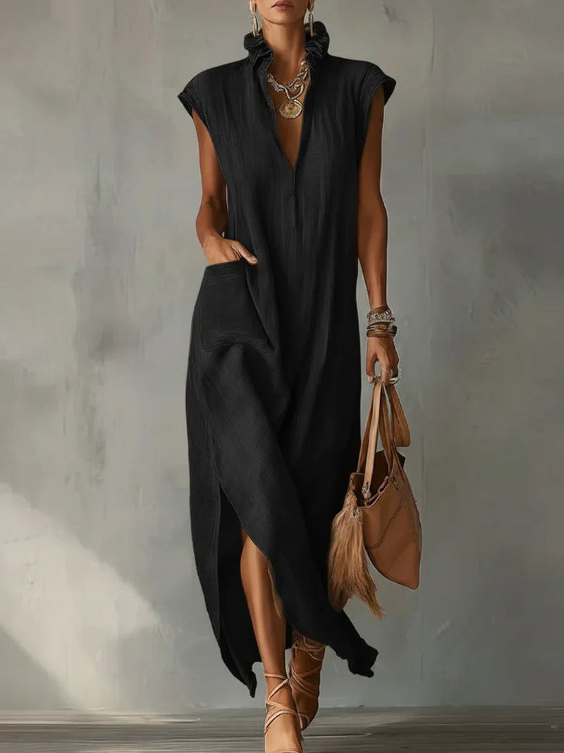 Women’s Cotton-Linen Sleeveless Solid-Color Shirt Dress