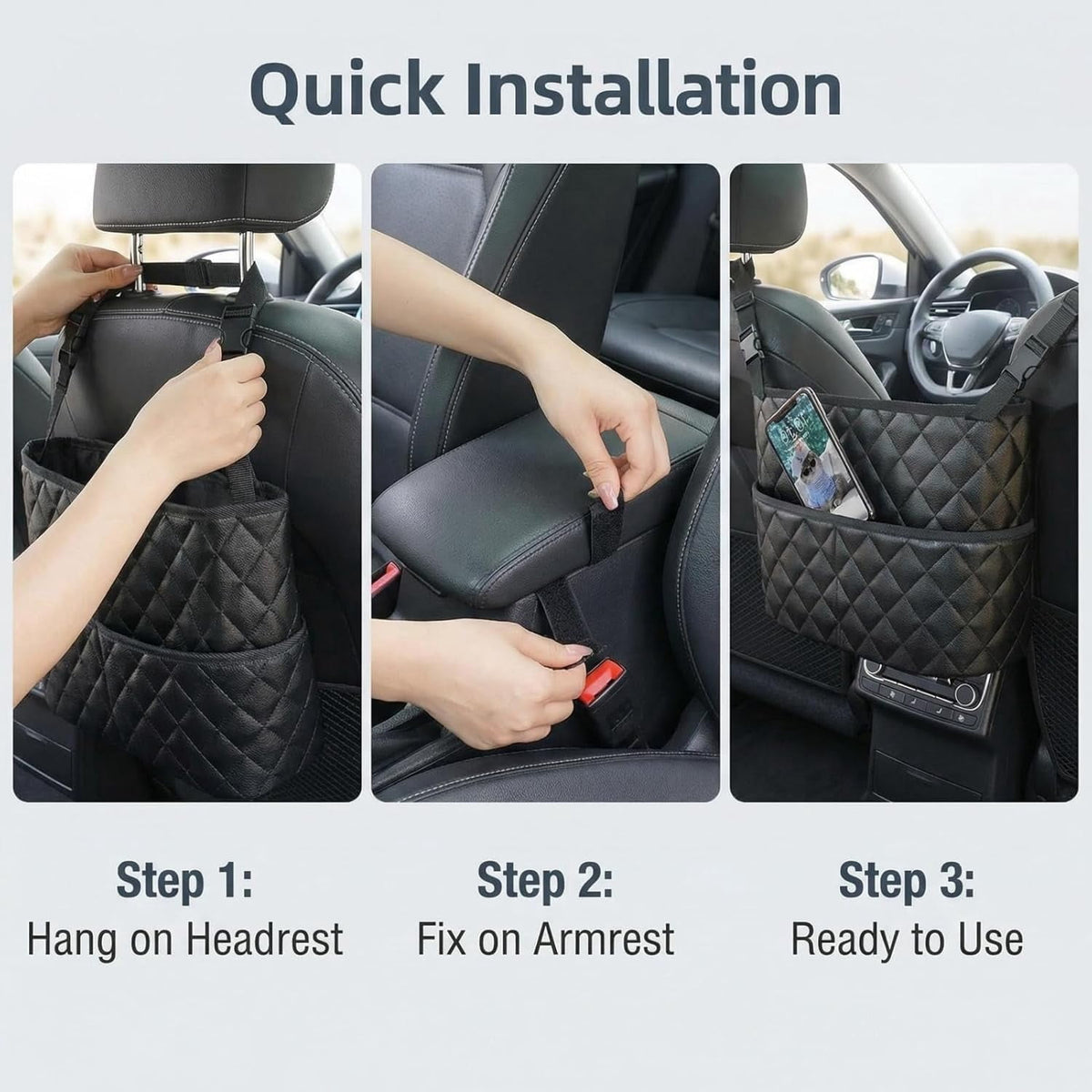 Three step installation: hang on headrest, fix to armrest, ready to use