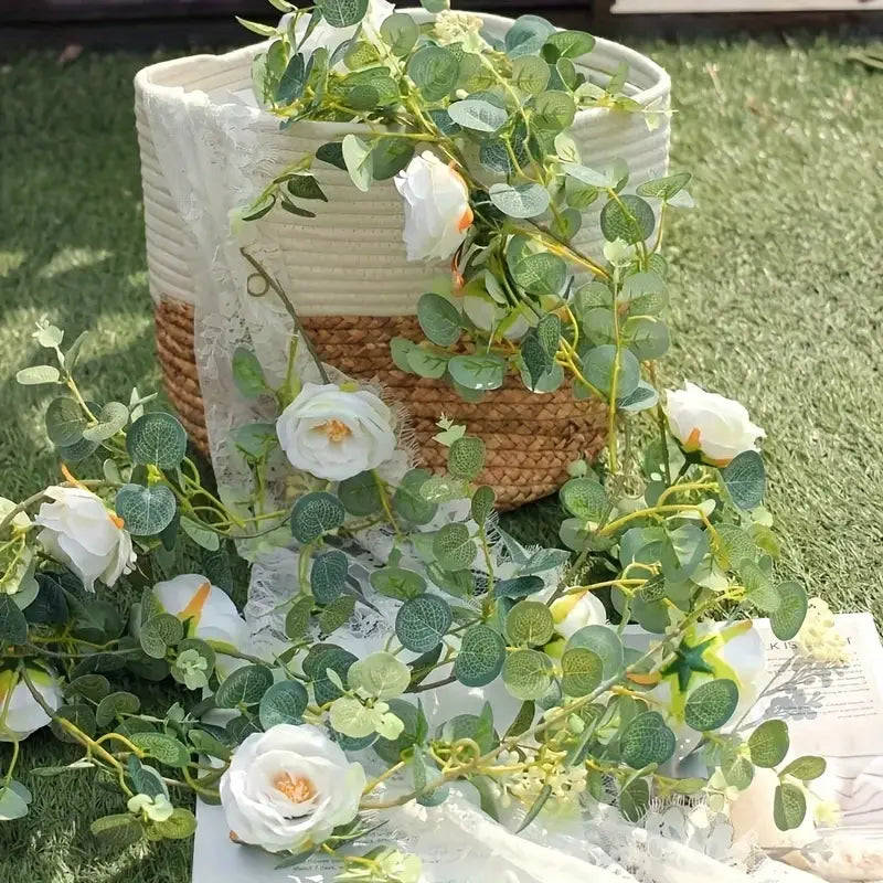 Artificial Eucalyptus Garland With Fake Roses & Gypsophila, Faux Floral Greenery