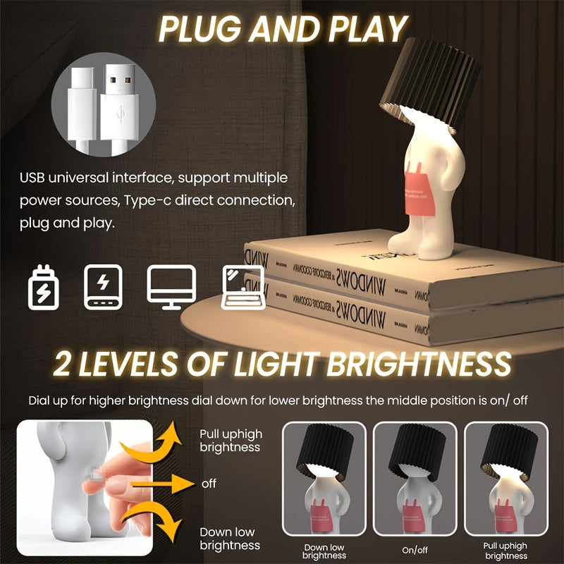 USB-C plug and play, two levels of light brightness set by sliding the shade