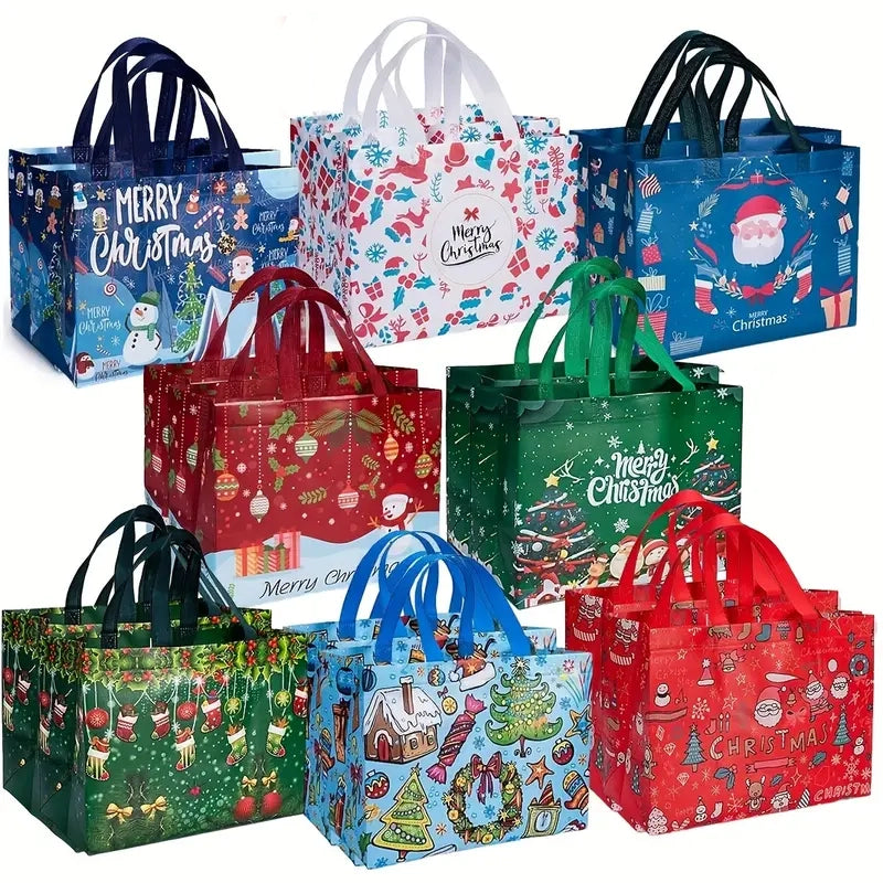 8-Pack: Large Christmas Gift Bags with Handles - Reusable Non-Woven Tote Bags