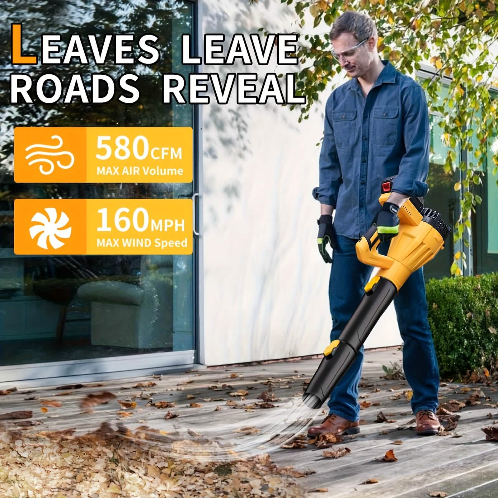 Powerful Cordless Leaf Blower – Yellow (1 Battery & Charger)