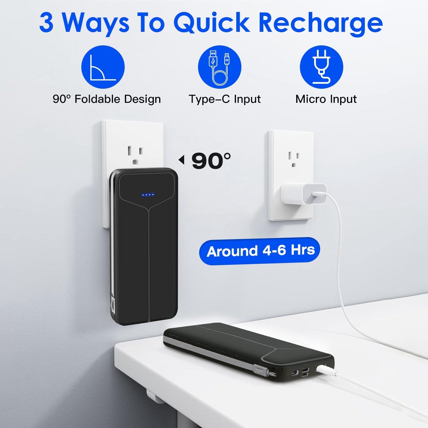 10000mAh Power Bank Portable Charger with US Plug 2 Built-in Cables External Battery Pack Mobile Accessories - DailySale