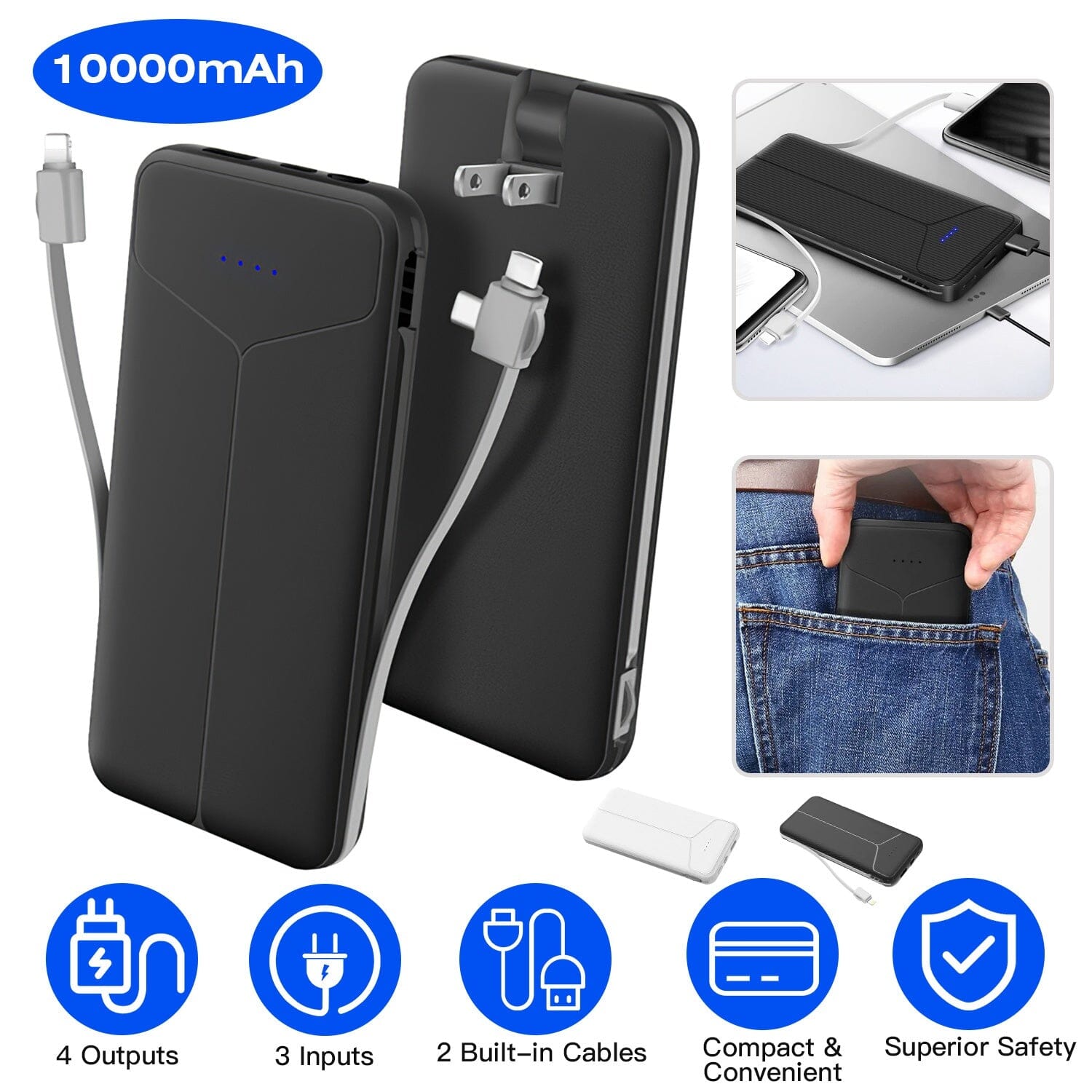 10000mAh Power Bank Portable Charger with US Plug 2 Built-in Cables External Battery Pack Mobile Accessories - DailySale