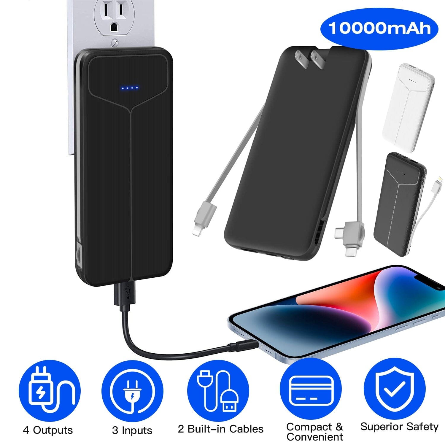 10000mAh Power Bank Portable Charger with US Plug 2 Built-in Cables External Battery Pack Mobile Accessories - DailySale