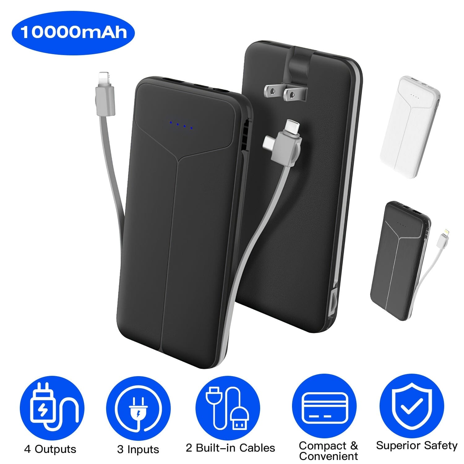 10000mAh Power Bank Portable Charger with US Plug 2 Built-in Cables External Battery Pack Mobile Accessories - DailySale