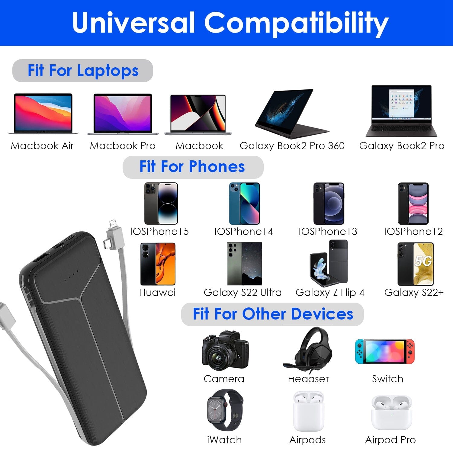 10000mAh Power Bank Portable Charger with US Plug 2 Built-in Cables External Battery Pack Mobile Accessories - DailySale