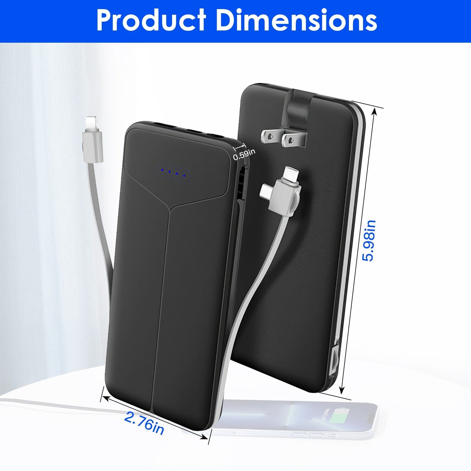 10000mAh Power Bank Portable Charger with US Plug 2 Built-in Cables External Battery Pack Mobile Accessories - DailySale