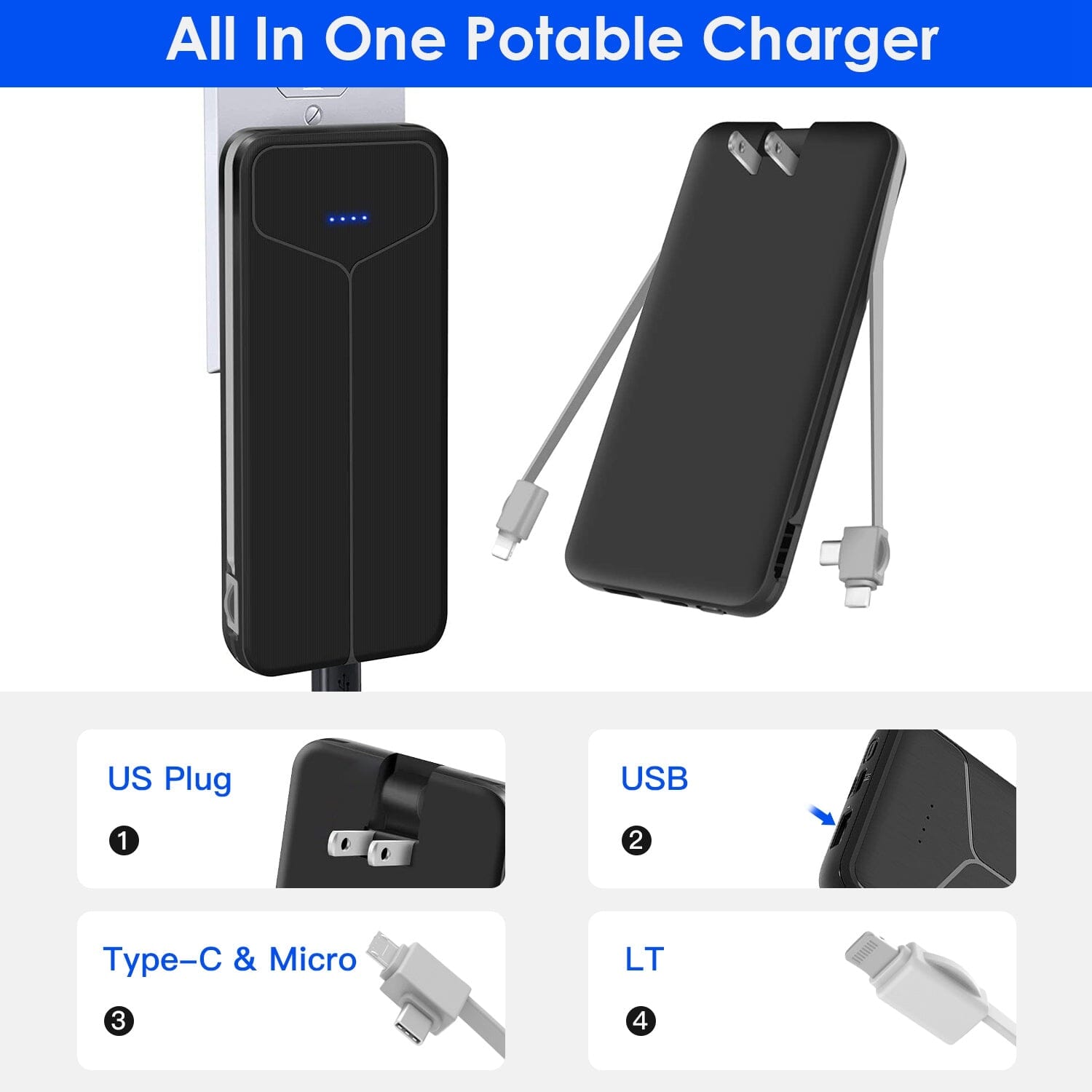 10000mAh Power Bank Portable Charger with US Plug 2 Built-in Cables External Battery Pack Mobile Accessories - DailySale