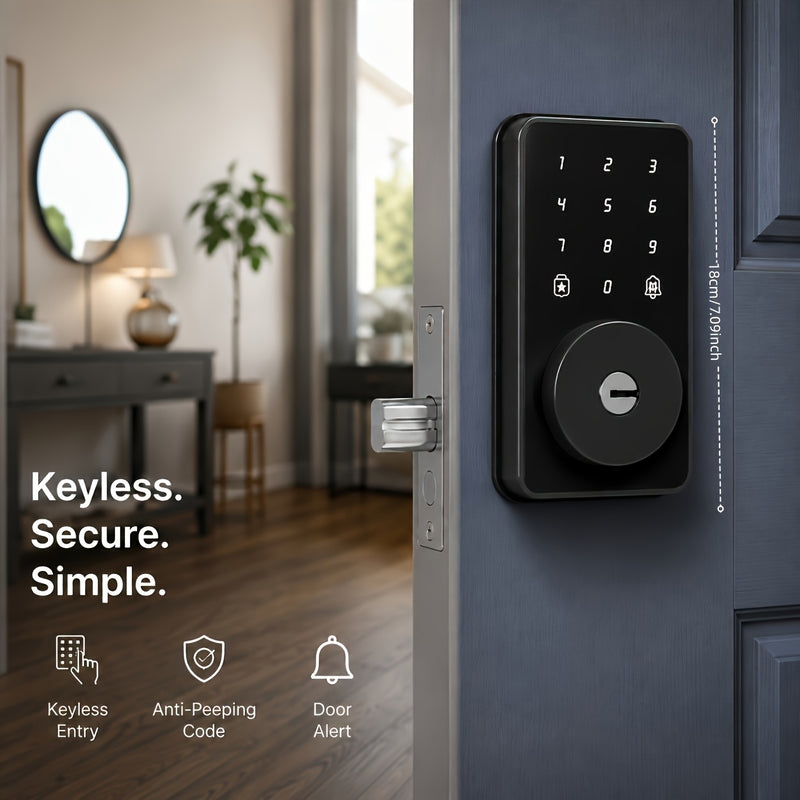 Keyless, secure and simple: keyless entry, anti-peeping code and door alert, 16cm tall