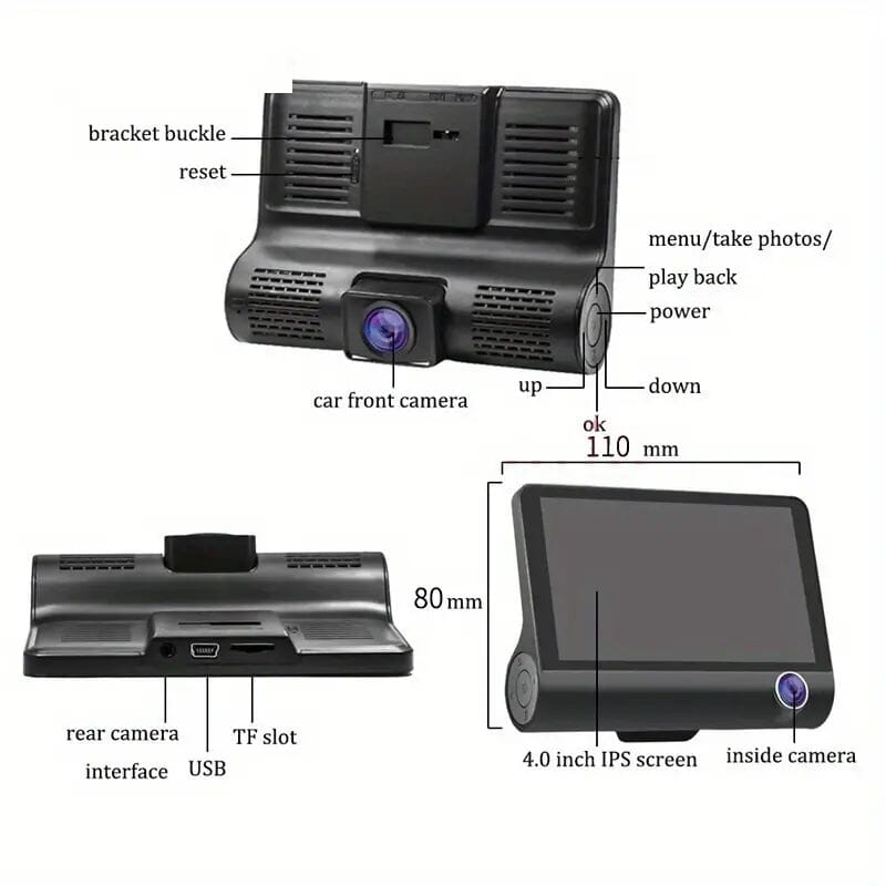 1080P 3-Camera Recorder Dash Cam with Night Vision Automotive - DailySale