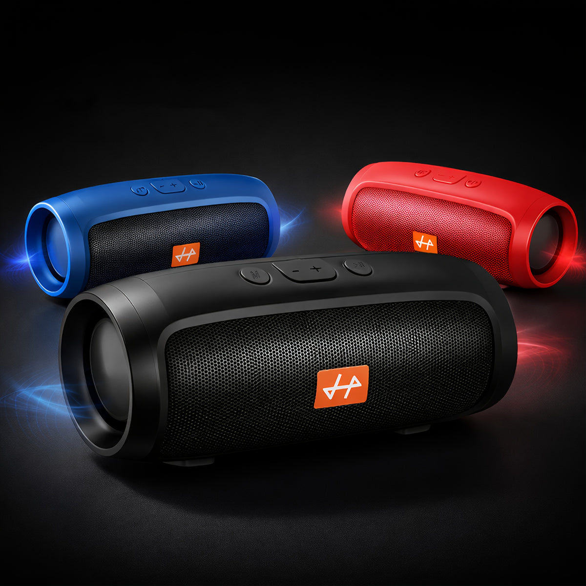 The speaker in black, red and blue against a dark background