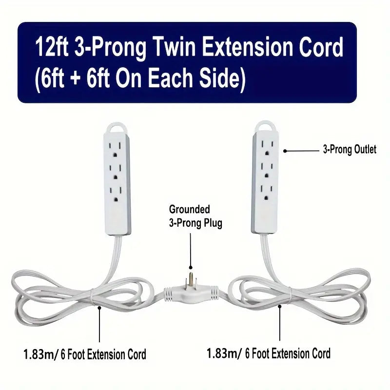 12-Foot Long Extension Cord Power Strip with 6 Feet on Each Side 13A 125V 1625W Batteries & Power Accessories - DailySale