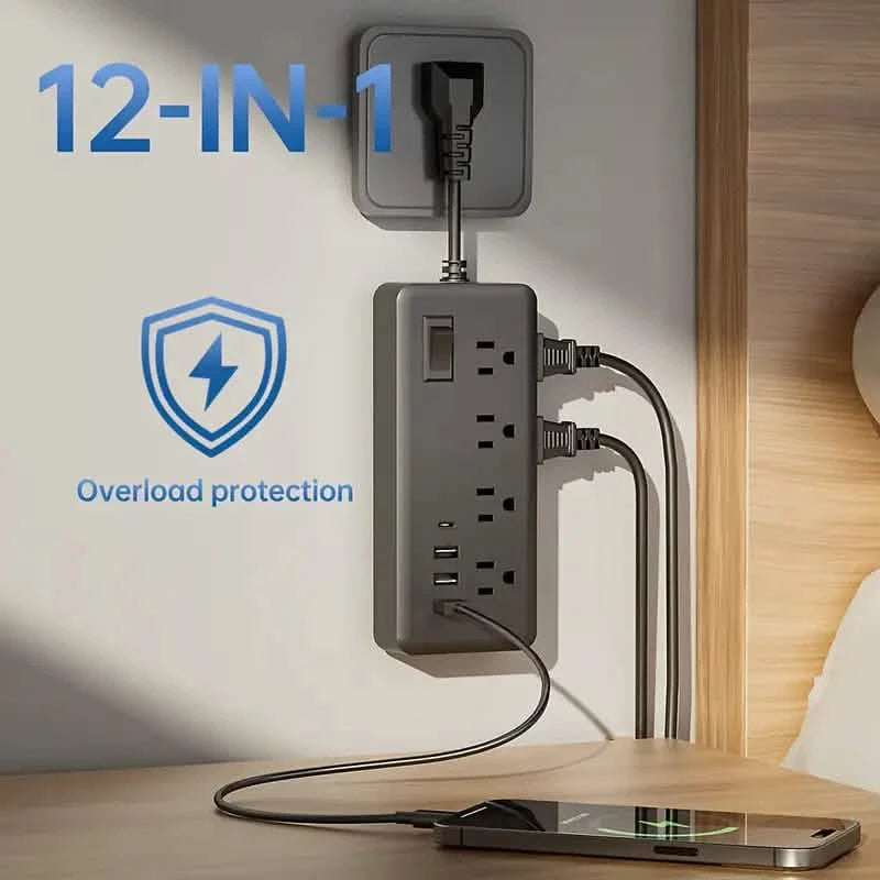 12-in-1 Power Socket with 8 AC sockets, 3 USB ports and 1 Type-C Inter