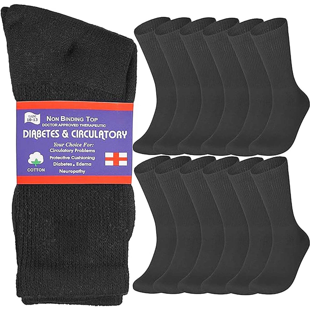 12-Pairs: Cotton Non-Binding Diabetic and Circulatory Crew Socks Wellness Black - DailySale