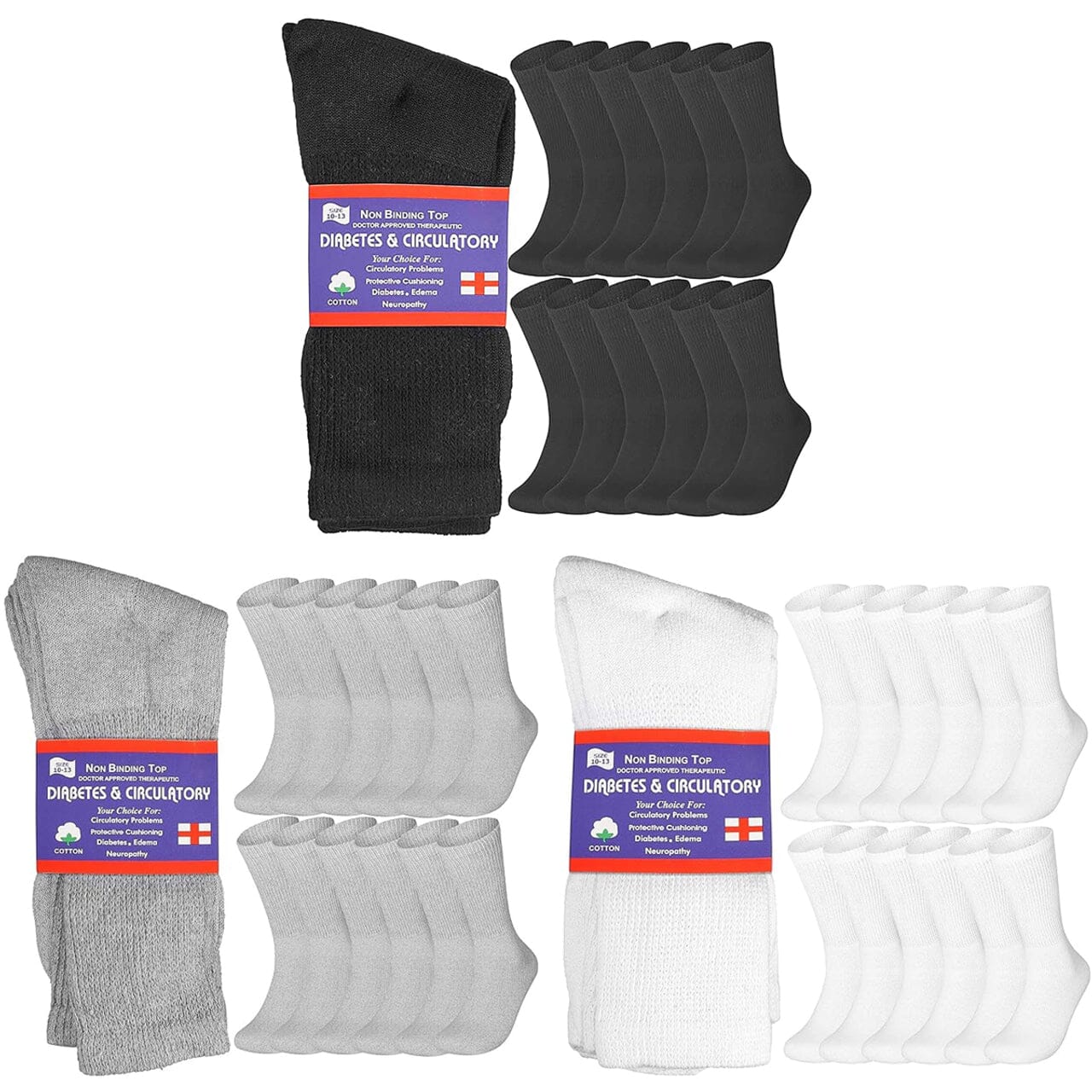 12-Pairs: Cotton Non-Binding Diabetic and Circulatory Crew Socks Wellness - DailySale