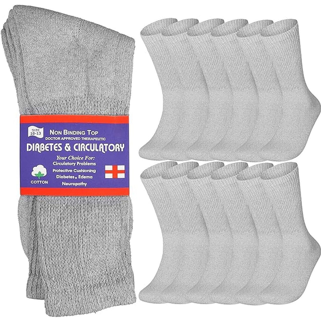 12-Pairs: Cotton Non-Binding Diabetic and Circulatory Crew Socks Wellness Gray - DailySale