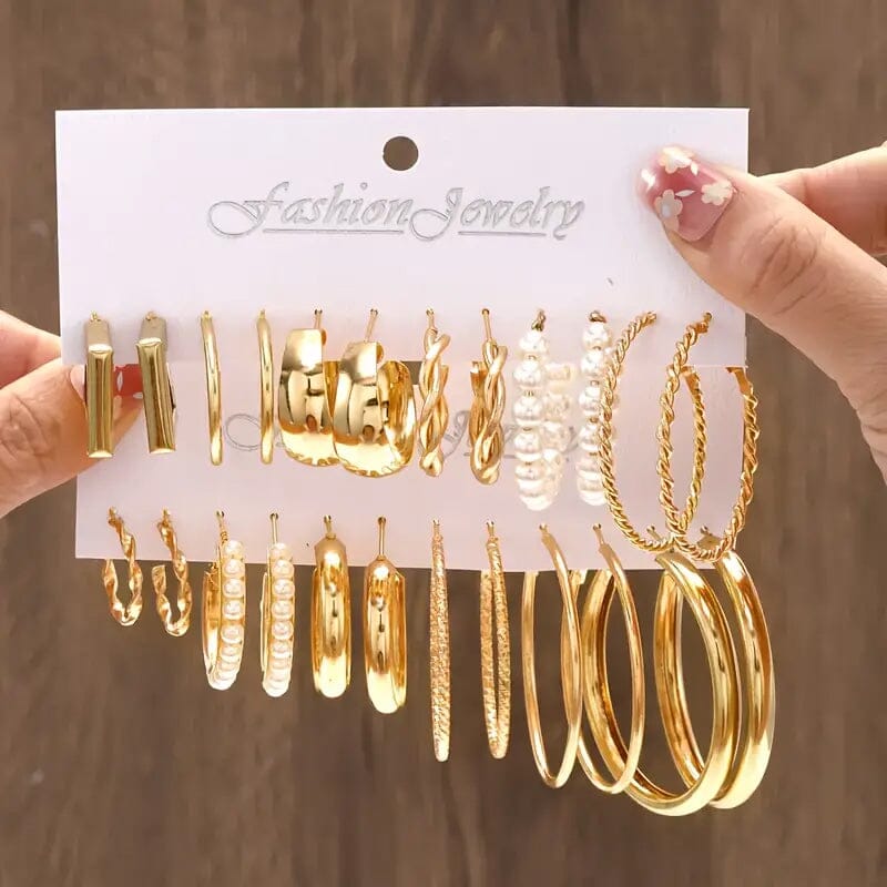 12-Pairs: Gold Hoop Earrings with Faux Pearl Decor Set Earrings - DailySale