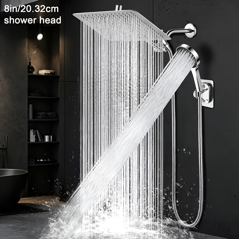 8 inch, 20.32 cm shower head shown in a dark tiled bathroom