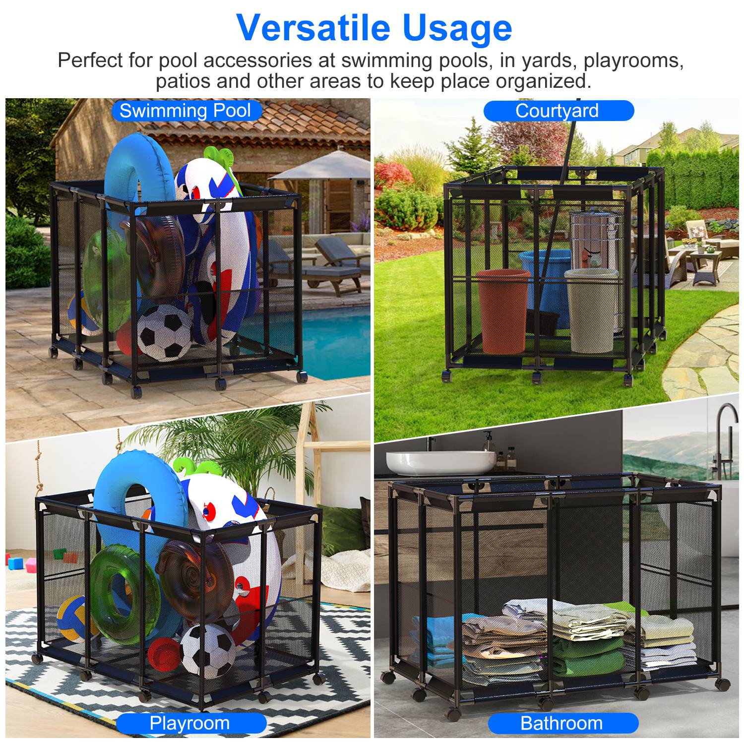 210 Gallon Pool Storage Bin Organizer Rolling Mesh Storage Basket with Lockable Wheels