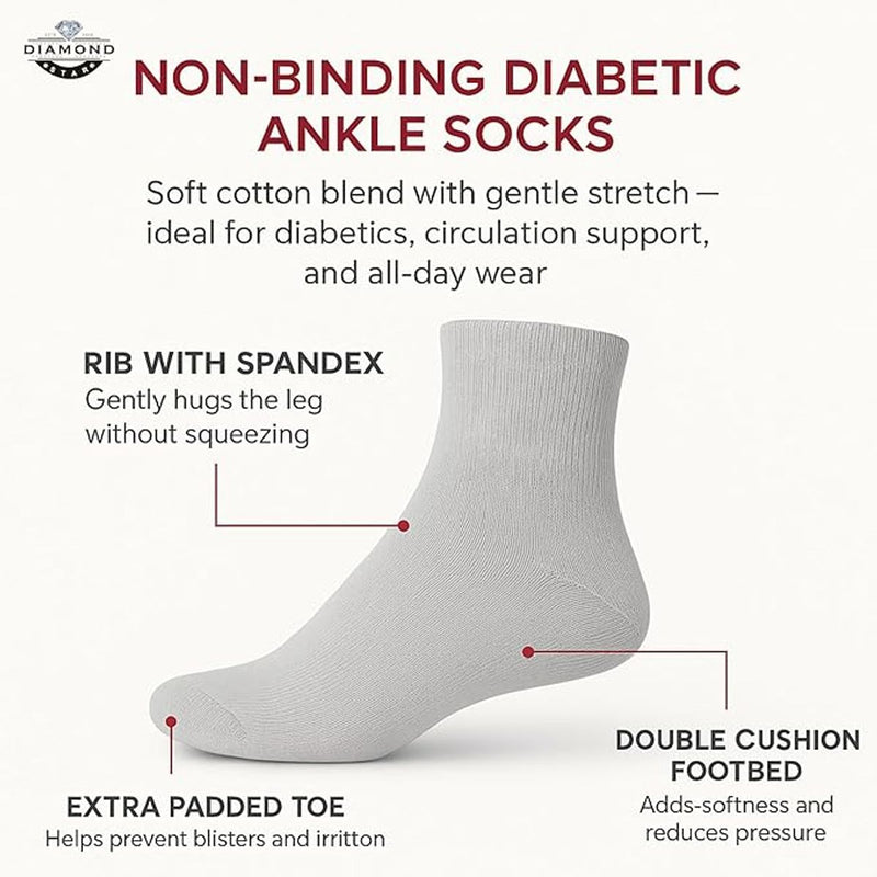 Cotton Non-Binding Diabetic & Circulatory Quarter Socks (12-Pairs)