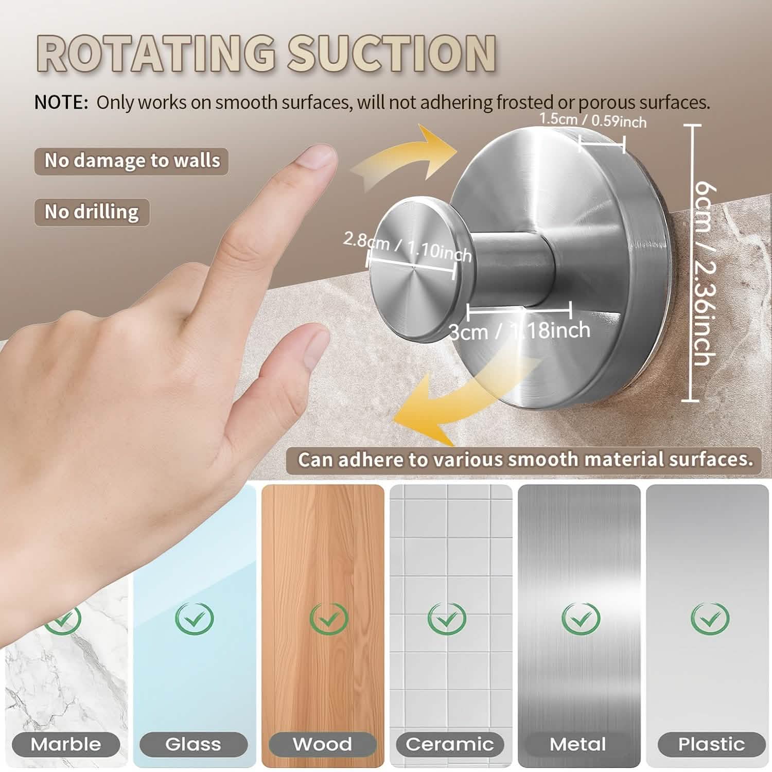 2-Pack: Strong Suction Cup Hooks – Silver Brushed Stainless Steel, No Drilling Required