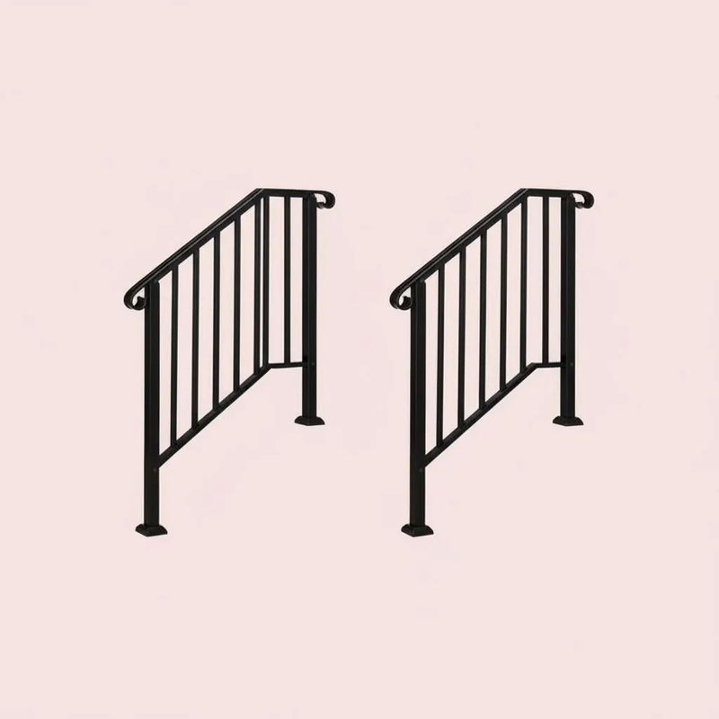 Outdoor Stair Handrail for 1–4 Steps, Adjustable Black Steel Railing