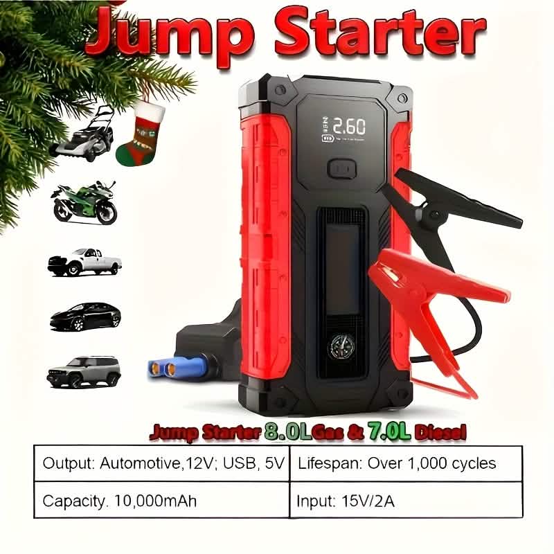 Portable 12V Car Jump Starter, Battery Charger, Air Pump (LED Display)