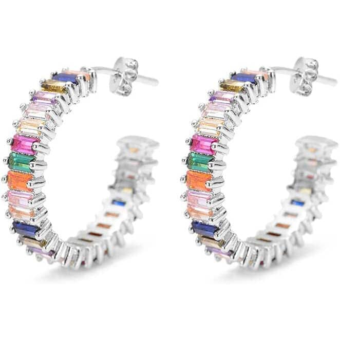 14K Gold Plated Cubic Zirconia Multicolor Rainbow Round Hoop Stud Earrings Earrings White Gold - DailySale