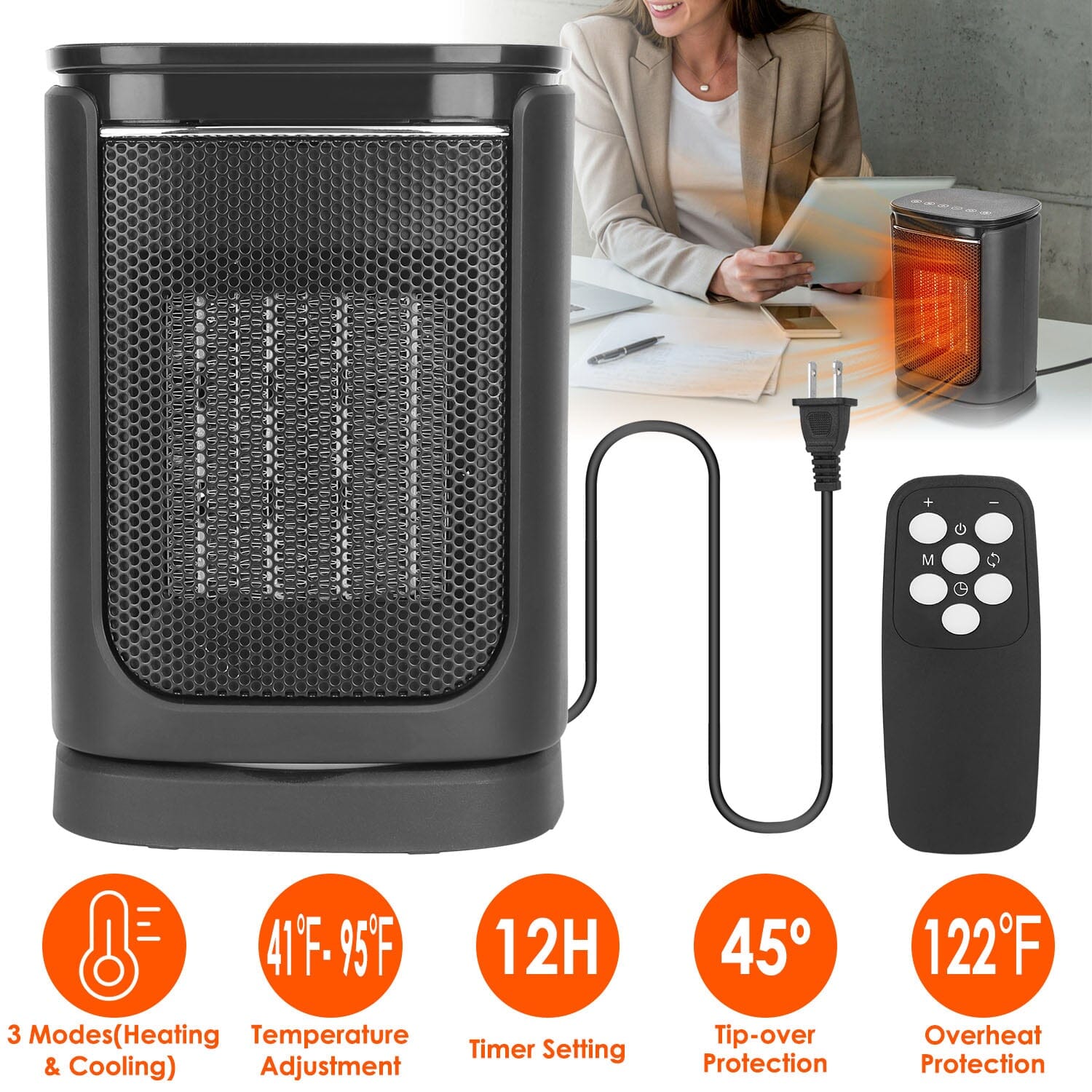 1500W Electric Space Heater Ceramic Heater Fan with 3 Modes Remote Control Digital Display Household Appliances - DailySale